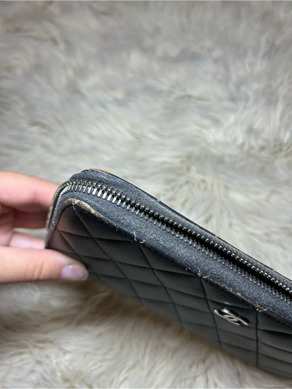CHANEL Black Quilted Zip-Around Wallet with Silver CC